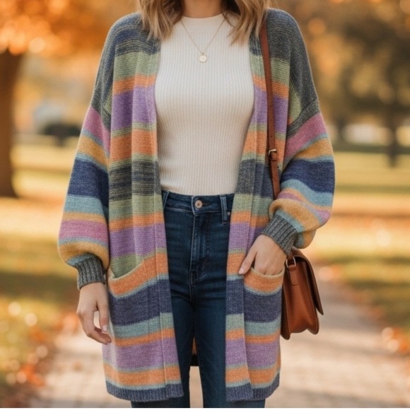 Anthropologie Oliver. O Mohair Blend Colorful Pastel Striped Cardigan Sweater - Picture 2 of 8